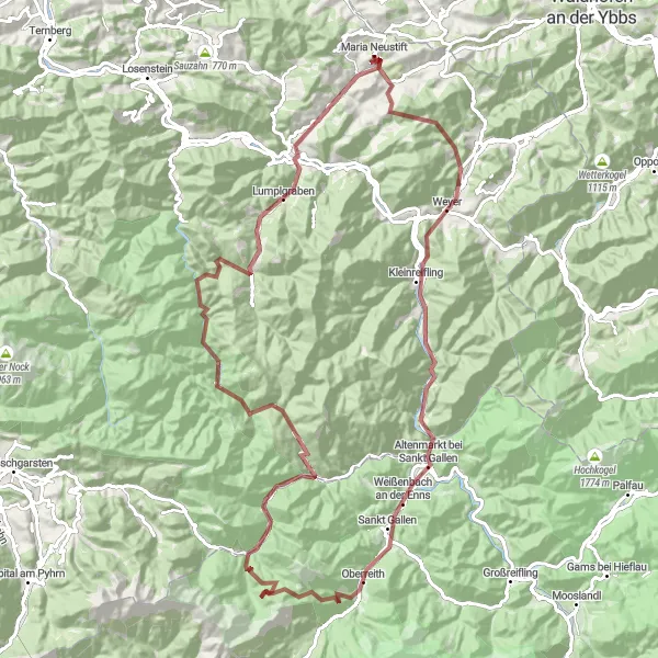 Miniatura della mappa di ispirazione al ciclismo "Esplorazione delle Montagne dell'Alta Austria" nella regione di Oberösterreich, Austria. Generata da Tarmacs.app, pianificatore di rotte ciclistiche