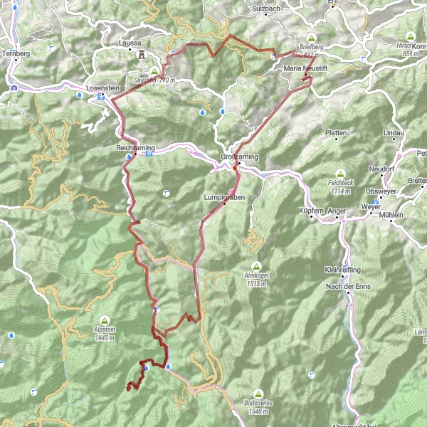 Map miniature of "Adventurous Gravel Expedition" cycling inspiration in Oberösterreich, Austria. Generated by Tarmacs.app cycling route planner