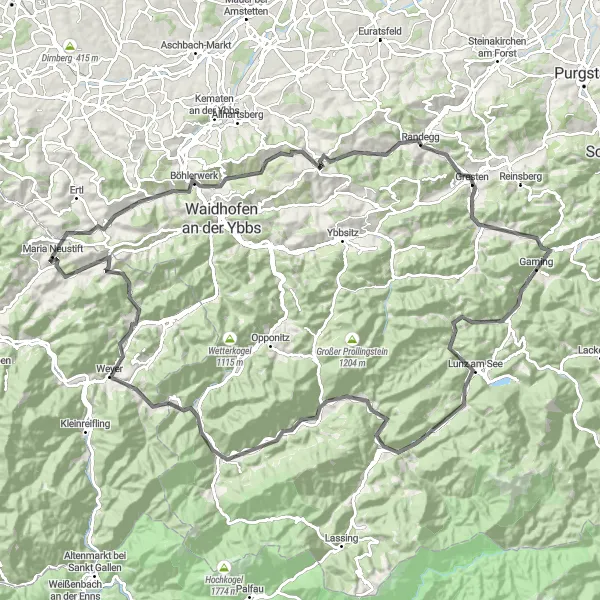 Karttaminiaatyyri "Lunz am See ja Freithofberg - pyöräily Maria Neustiftistä" pyöräilyinspiraatiosta alueella Oberösterreich, Austria. Luotu Tarmacs.app pyöräilyreittisuunnittelijalla