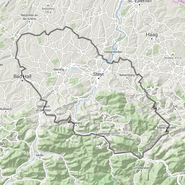 Kartminiatyr av "Maria Neustift til Schloss Vestenthal via Dietach" sykkelinspirasjon i Oberösterreich, Austria. Generert av Tarmacs.app sykkelrutoplanlegger