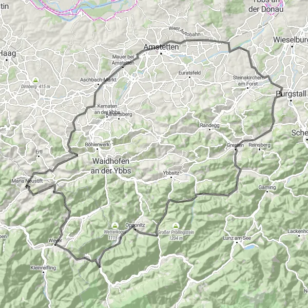 Miniatura della mappa di ispirazione al ciclismo "Giro in bicicletta da Maria Neustift a Gresten e ritorno" nella regione di Oberösterreich, Austria. Generata da Tarmacs.app, pianificatore di rotte ciclistiche