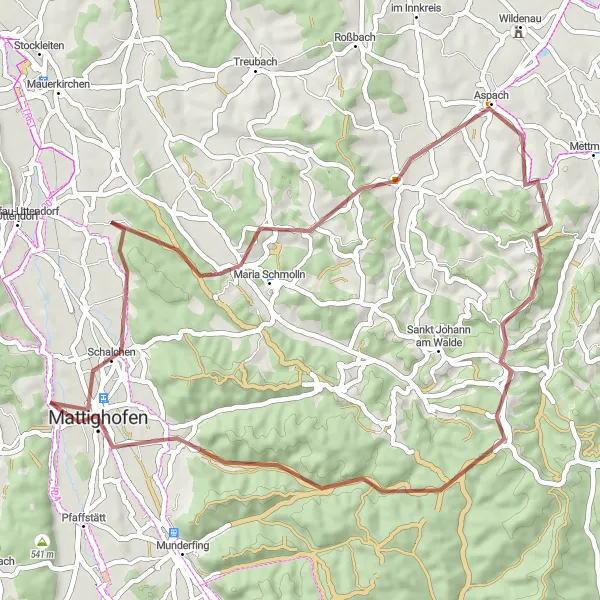 Zemljevid v pomanjšavi "Ruralna kolesarska pot blizu Mattighofna - po makadamu (51 km)" kolesarske inspiracije v Oberösterreich, Austria. Generirano z načrtovalcem kolesarskih poti Tarmacs.app