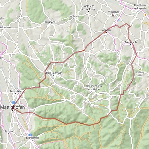 Zemljevid v pomanjšavi "Raziščite skrite bisere v okolici Mattighofna" kolesarske inspiracije v Oberösterreich, Austria. Generirano z načrtovalcem kolesarskih poti Tarmacs.app