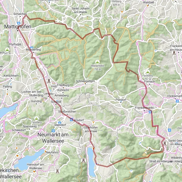 Miniatuurkaart van de fietsinspiratie "Uitdagende graveltocht door de regio" in Oberösterreich, Austria. Gemaakt door de Tarmacs.app fietsrouteplanner