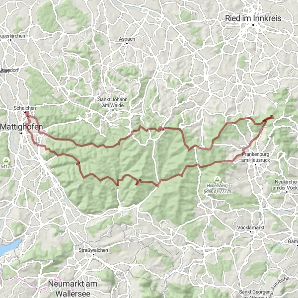 Mapa miniatúra "Gravel Okruh cez Sankt Wolfgang a Schalchen" cyklistická inšpirácia v Oberösterreich, Austria. Vygenerované cyklistickým plánovačom trás Tarmacs.app