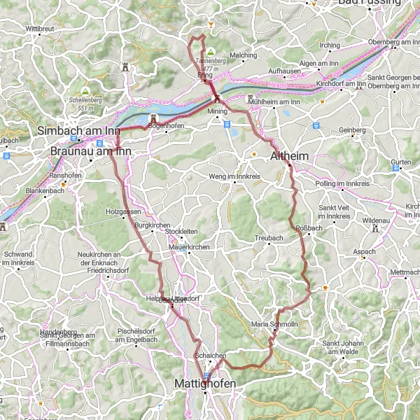 Miniaturní mapa "Scenic Gravel Loop near Mattighofen" inspirace pro cyklisty v oblasti Oberösterreich, Austria. Vytvořeno pomocí plánovače tras Tarmacs.app