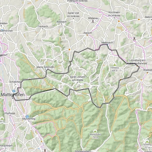 Miniatua del mapa de inspiración ciclista "Ruta de ciclismo de carretera a Mattighofen" en Oberösterreich, Austria. Generado por Tarmacs.app planificador de rutas ciclistas