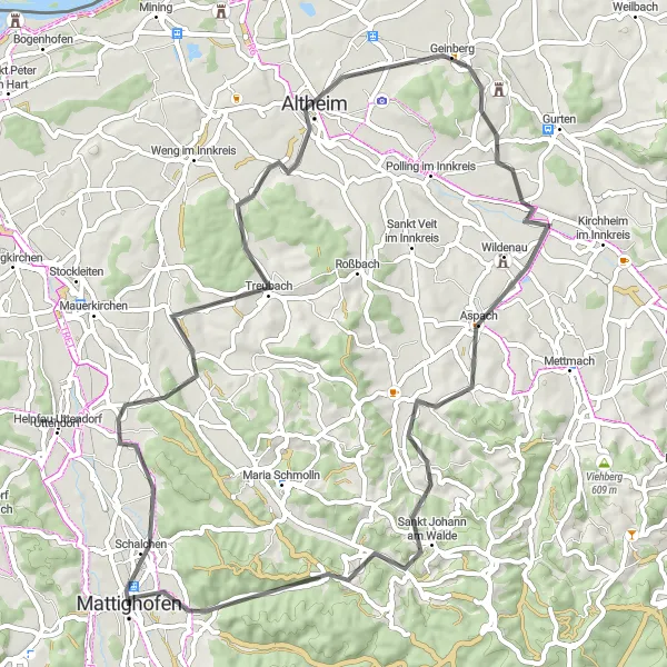 Miniatura della mappa di ispirazione al ciclismo "Tour su Strada tra Schalchen e Mattighofen" nella regione di Oberösterreich, Austria. Generata da Tarmacs.app, pianificatore di rotte ciclistiche