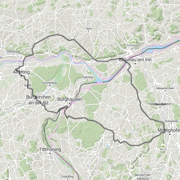 Miniatua del mapa de inspiración ciclista "Ruta por Burghausen y Altötting" en Oberösterreich, Austria. Generado por Tarmacs.app planificador de rutas ciclistas