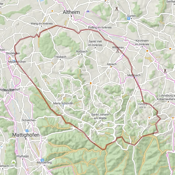 Miniatua del mapa de inspiración ciclista "Ruta de ciclismo de grava a Weng im Innkreis y Mauerkirchen" en Oberösterreich, Austria. Generado por Tarmacs.app planificador de rutas ciclistas