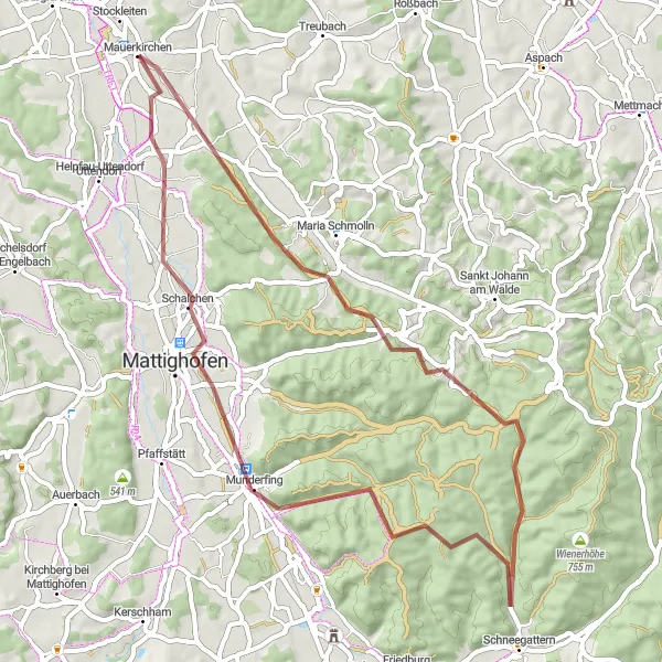 Miniatua del mapa de inspiración ciclista "Ruta de ciclismo de grava a Sankt Wolfgang y Mattighofen" en Oberösterreich, Austria. Generado por Tarmacs.app planificador de rutas ciclistas