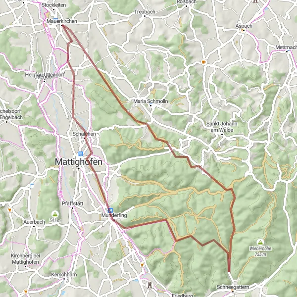 Miniatuurkaart van de fietsinspiratie "Gravelroute Mauerkirchen naar Mattighofen" in Oberösterreich, Austria. Gemaakt door de Tarmacs.app fietsrouteplanner