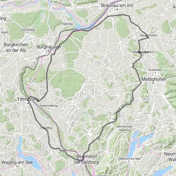 Miniatua del mapa de inspiración ciclista "Ruta de ciclismo de carretera a Salzach y Ranshofen" en Oberösterreich, Austria. Generado por Tarmacs.app planificador de rutas ciclistas
