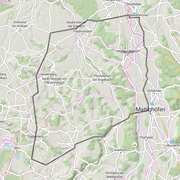 Map miniature of "Mauerkirchen to Mattighofen Loop" cycling inspiration in Oberösterreich, Austria. Generated by Tarmacs.app cycling route planner