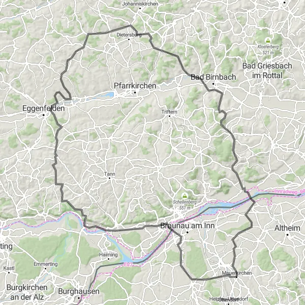 Miniatura della mappa di ispirazione al ciclismo "Tour ciclistico avventuroso da Neukirchen an der Enknach a Ering" nella regione di Oberösterreich, Austria. Generata da Tarmacs.app, pianificatore di rotte ciclistiche