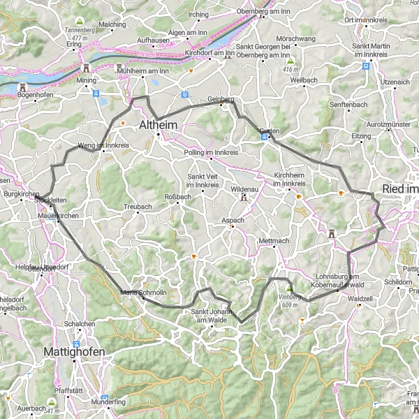 Karttaminiaatyyri "Kauniit maisemat Mauerkirchenin ympäristössä" pyöräilyinspiraatiosta alueella Oberösterreich, Austria. Luotu Tarmacs.app pyöräilyreittisuunnittelijalla