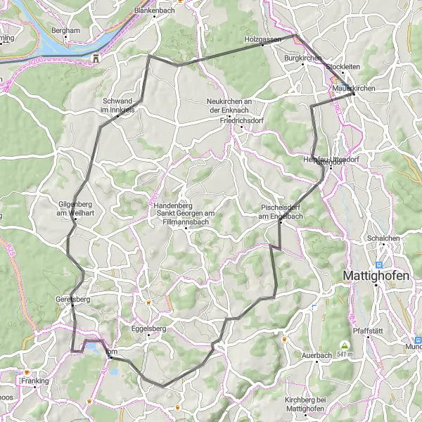 Miniatura della mappa di ispirazione al ciclismo "Road Route di Mauerkirchen" nella regione di Oberösterreich, Austria. Generata da Tarmacs.app, pianificatore di rotte ciclistiche