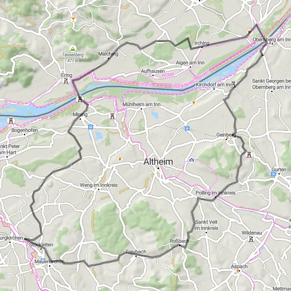 Miniatua del mapa de inspiración ciclista "Recorrido ciclista a Mauerkirchen y Polling im Innkreis" en Oberösterreich, Austria. Generado por Tarmacs.app planificador de rutas ciclistas