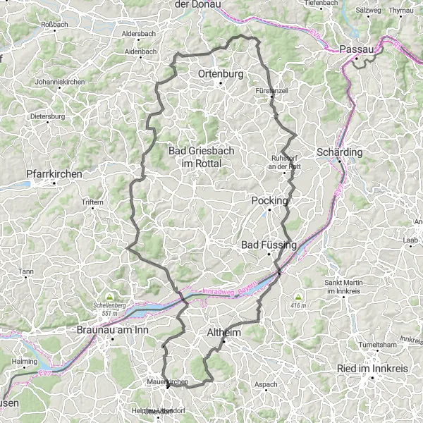 Karttaminiaatyyri "Kohti Inn-alueen helmiä" pyöräilyinspiraatiosta alueella Oberösterreich, Austria. Luotu Tarmacs.app pyöräilyreittisuunnittelijalla