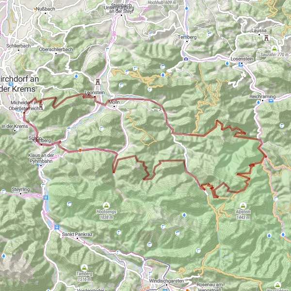 Mapa miniatúra "Gravelová dobrodružná cesta" cyklistická inšpirácia v Oberösterreich, Austria. Vygenerované cyklistickým plánovačom trás Tarmacs.app