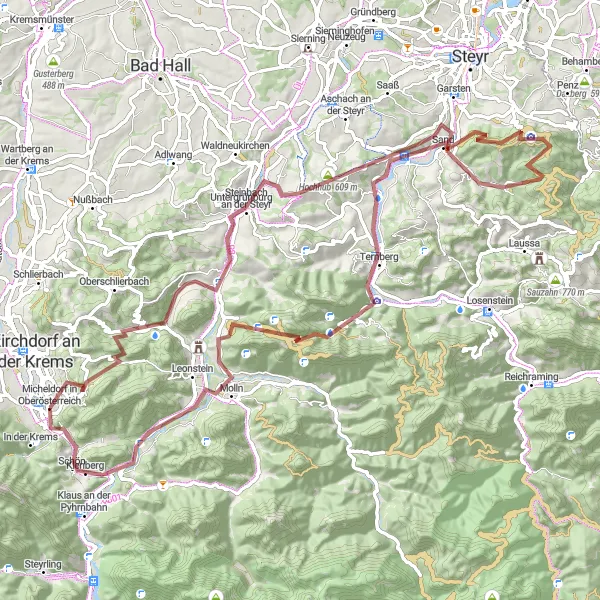 Map miniature of "Discover the Hidden Gems of Micheldorf Gravel Adventure" cycling inspiration in Oberösterreich, Austria. Generated by Tarmacs.app cycling route planner
