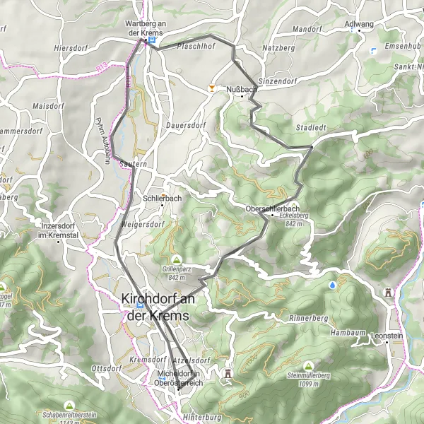 Miniatua del mapa de inspiración ciclista "Exploración en bicicleta por la región de Micheldorf" en Oberösterreich, Austria. Generado por Tarmacs.app planificador de rutas ciclistas