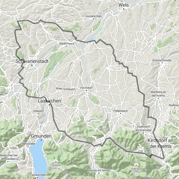 Karttaminiaatyyri "Micheldorf - Steinbach - Steyrermühl - Bachmanning - Edt bei Lambach - Kirchdorf Loop" pyöräilyinspiraatiosta alueella Oberösterreich, Austria. Luotu Tarmacs.app pyöräilyreittisuunnittelijalla