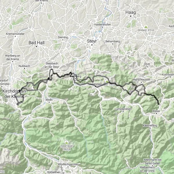 Miniatura della mappa di ispirazione al ciclismo "Giri in bicicletta intorno a Micheldorf in Oberösterreich" nella regione di Oberösterreich, Austria. Generata da Tarmacs.app, pianificatore di rotte ciclistiche