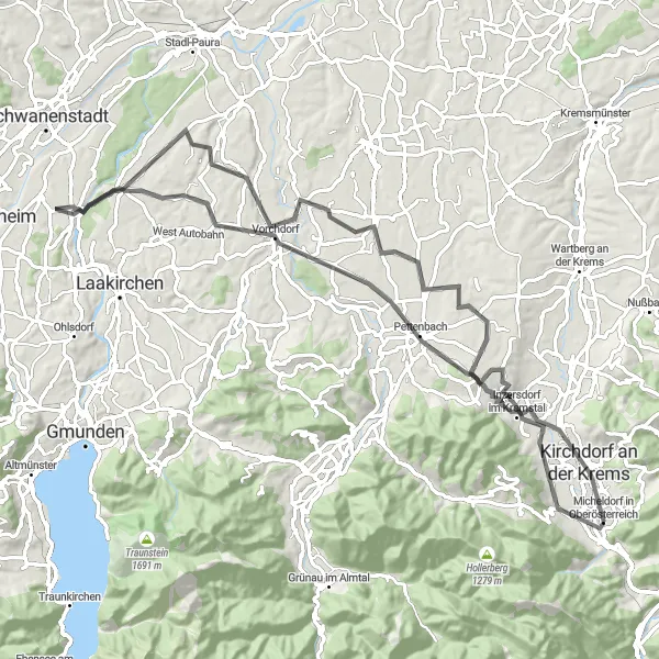 Zemljevid v pomanjšavi "Kolesarska pot "Zeleni raj"" kolesarske inspiracije v Oberösterreich, Austria. Generirano z načrtovalcem kolesarskih poti Tarmacs.app