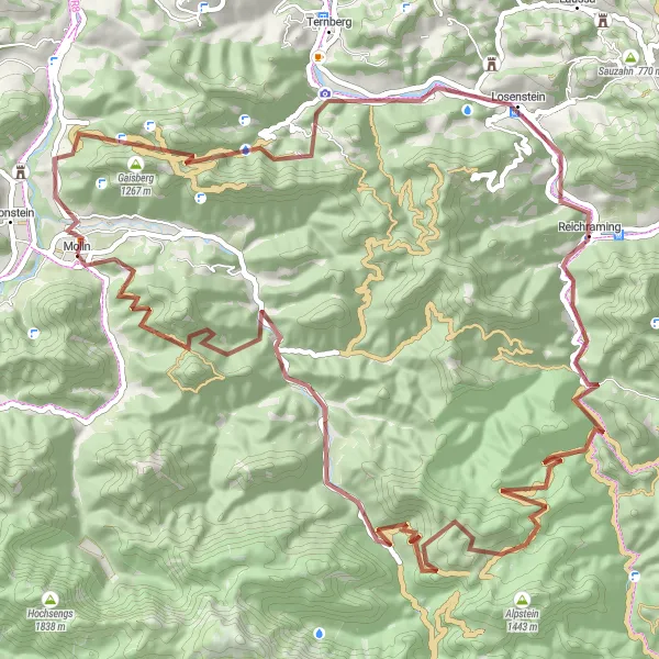 Miniature de la carte de l'inspiration cycliste "Les collines de Molln et les vallées verdoyantes" dans la Oberösterreich, Austria. Générée par le planificateur d'itinéraire cycliste Tarmacs.app