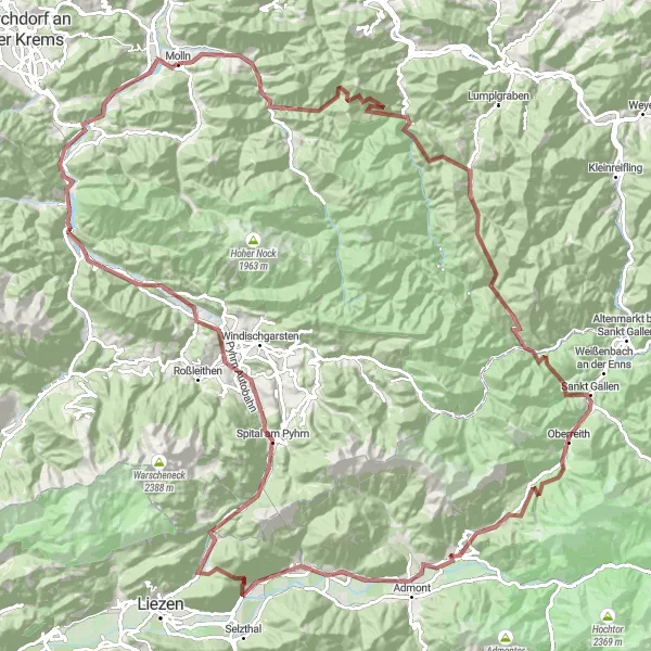 Miniatura della mappa di ispirazione al ciclismo "Avventuroso giro in bici gravel tra Molln e Kienberg" nella regione di Oberösterreich, Austria. Generata da Tarmacs.app, pianificatore di rotte ciclistiche