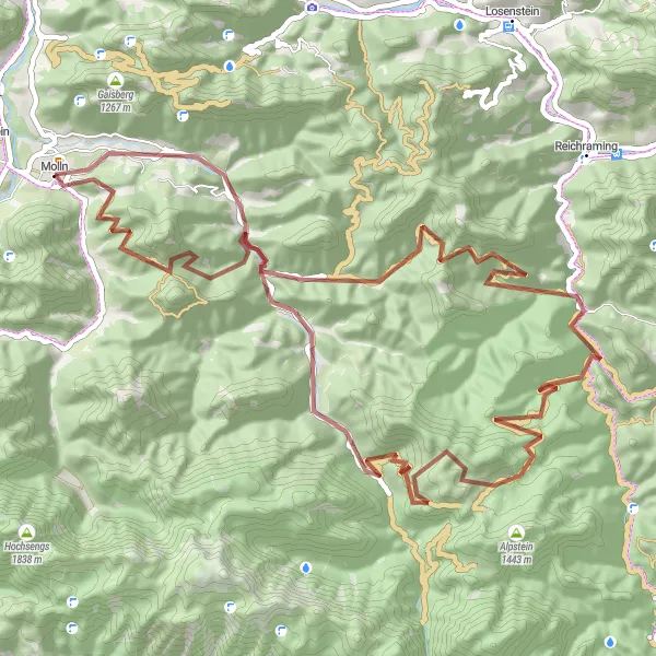 Map miniature of "Mountainous Escape" cycling inspiration in Oberösterreich, Austria. Generated by Tarmacs.app cycling route planner