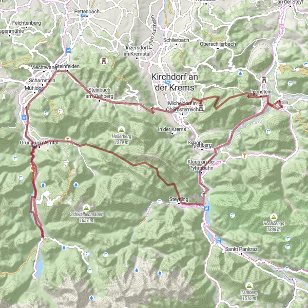 Miniaturní mapa "Adventure Gravel Route to Molln" inspirace pro cyklisty v oblasti Oberösterreich, Austria. Vytvořeno pomocí plánovače tras Tarmacs.app
