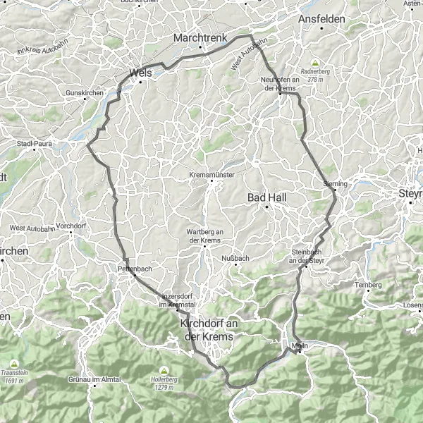 Map miniature of "The Road to Krems" cycling inspiration in Oberösterreich, Austria. Generated by Tarmacs.app cycling route planner