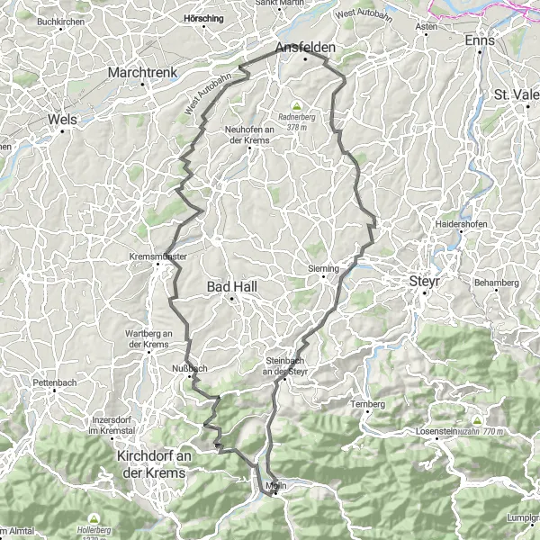 Miniatua del mapa de inspiración ciclista "Ruta escénica por carretera en Oberösterreich" en Oberösterreich, Austria. Generado por Tarmacs.app planificador de rutas ciclistas