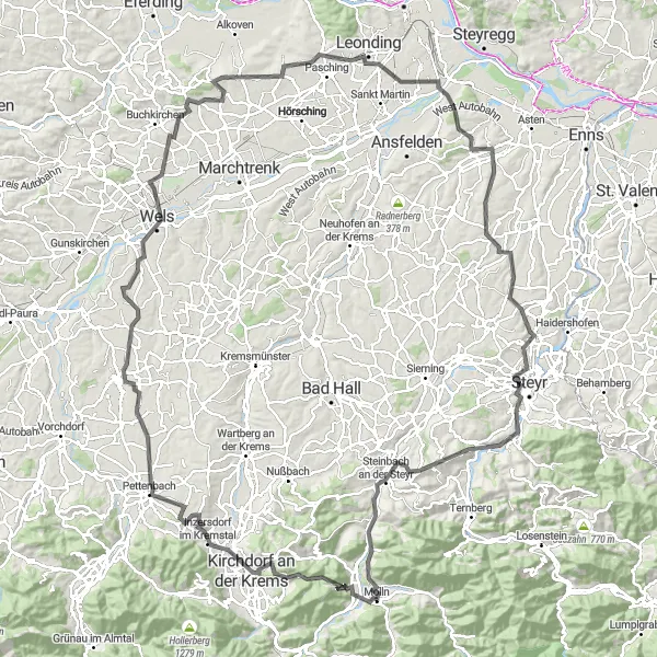 Miniature de la carte de l'inspiration cycliste "Randonnée à vélo à travers les villages pittoresques" dans la Oberösterreich, Austria. Générée par le planificateur d'itinéraire cycliste Tarmacs.app