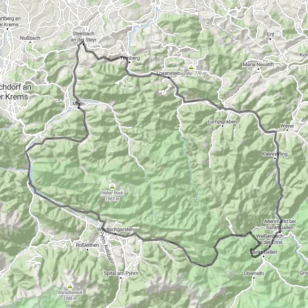 Miniatua del mapa de inspiración ciclista "Desafío ciclista por carretera en Oberösterreich" en Oberösterreich, Austria. Generado por Tarmacs.app planificador de rutas ciclistas