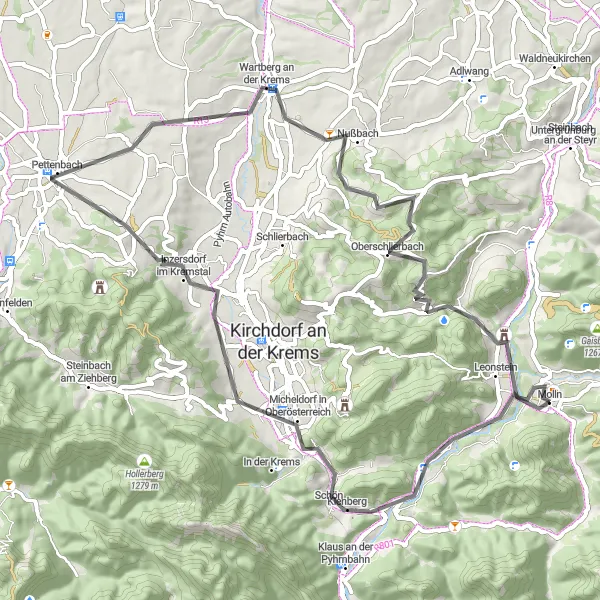 Map miniature of "Kremstal Road Loop" cycling inspiration in Oberösterreich, Austria. Generated by Tarmacs.app cycling route planner