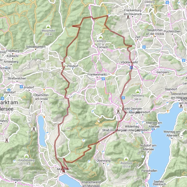 Miniatua del mapa de inspiración ciclista "Ruta en grava desde Mondsee con impresionantes paisajes" en Oberösterreich, Austria. Generado por Tarmacs.app planificador de rutas ciclistas
