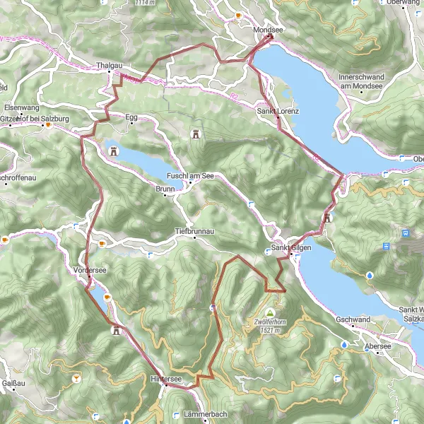 Miniatura della mappa di ispirazione al ciclismo "Alla scoperta delle Alpi Intorno al Mondsee" nella regione di Oberösterreich, Austria. Generata da Tarmacs.app, pianificatore di rotte ciclistiche