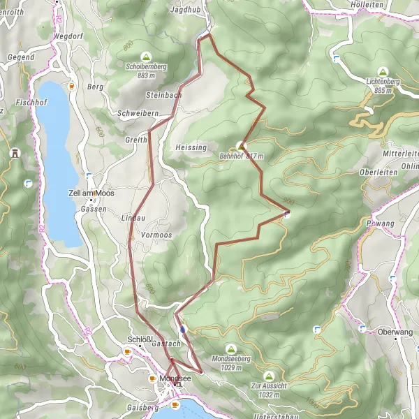 Zemljevid v pomanjšavi "Mondsee - Lackenberg - Bahnhof - Schloss Mondsee" kolesarske inspiracije v Oberösterreich, Austria. Generirano z načrtovalcem kolesarskih poti Tarmacs.app