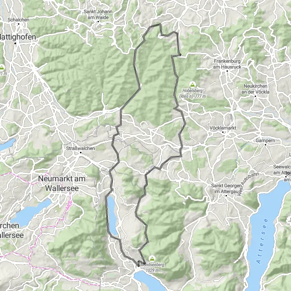 Zemljevid v pomanjšavi "Pot okoli Mondseeja skozi Oberhofen am Irrsee, Steiglberg in Flucht" kolesarske inspiracije v Oberösterreich, Austria. Generirano z načrtovalcem kolesarskih poti Tarmacs.app