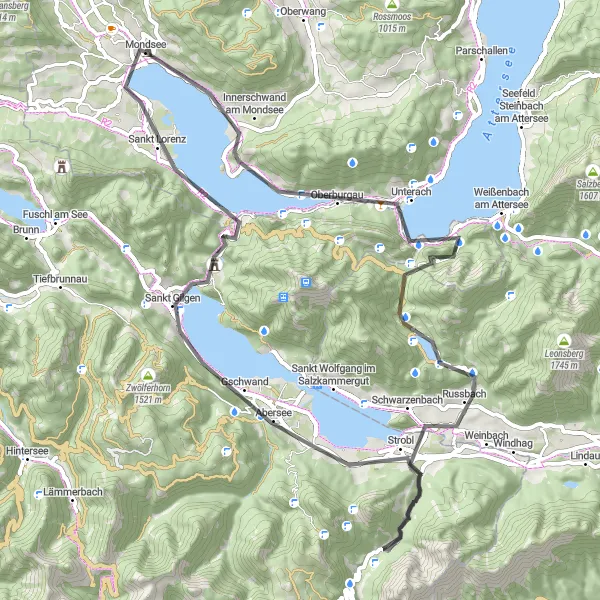 Miniatura della mappa di ispirazione al ciclismo "Giro del Lago di Mondsee" nella regione di Oberösterreich, Austria. Generata da Tarmacs.app, pianificatore di rotte ciclistiche