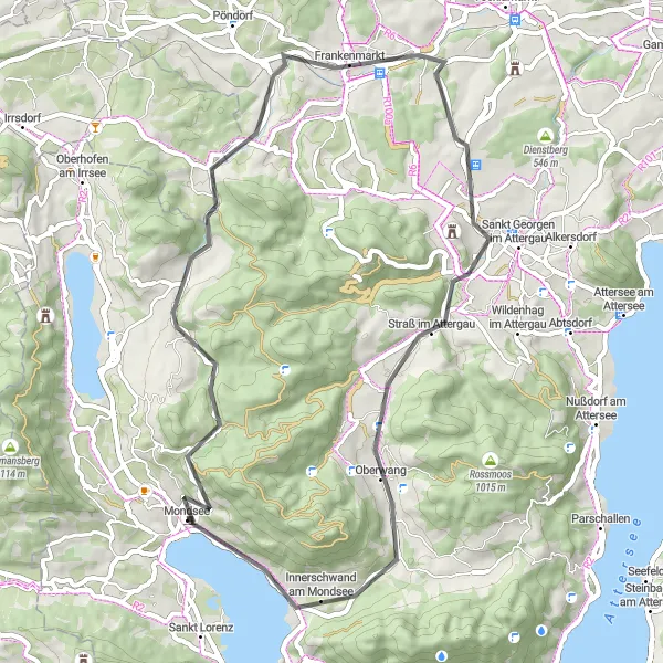 Zemljevid v pomanjšavi "Razgiban izlet skozi Lackenberg, Frankenmarkt in Innerschwand am Mondsee" kolesarske inspiracije v Oberösterreich, Austria. Generirano z načrtovalcem kolesarskih poti Tarmacs.app