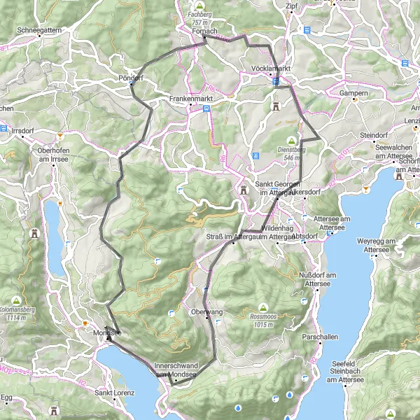 Map miniature of "Mondsee Road Escape" cycling inspiration in Oberösterreich, Austria. Generated by Tarmacs.app cycling route planner