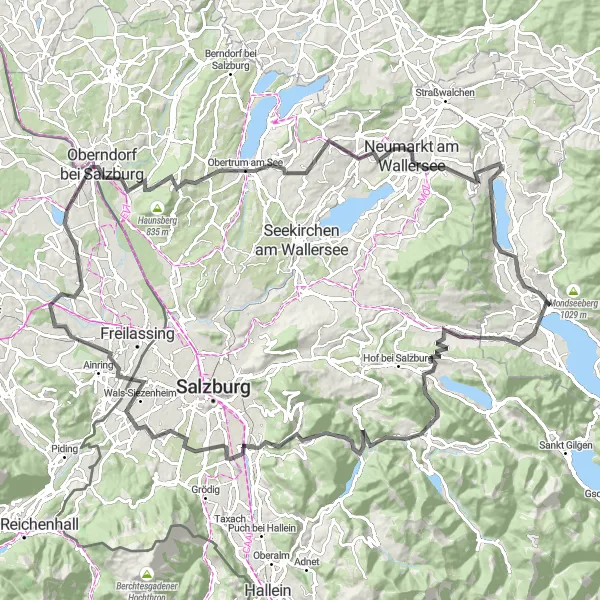 Miniature de la carte de l'inspiration cycliste "Expérience panoramique du Salzkammergut et piste cyclable du Hellbrunner Berg" dans la Oberösterreich, Austria. Générée par le planificateur d'itinéraire cycliste Tarmacs.app
