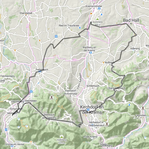 Miniaturní mapa "Výlet kolem Bad Hallu" inspirace pro cyklisty v oblasti Oberösterreich, Austria. Vytvořeno pomocí plánovače tras Tarmacs.app