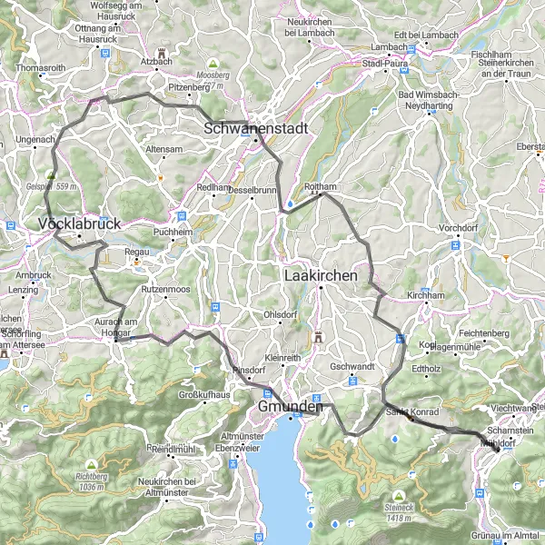 Zemljevid v pomanjšavi "Odkrivanje skritih kotičkov Oberösterreicha" kolesarske inspiracije v Oberösterreich, Austria. Generirano z načrtovalcem kolesarskih poti Tarmacs.app