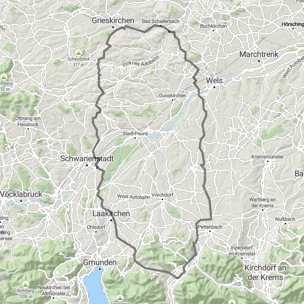 Miniatura della mappa di ispirazione al ciclismo "Giro in bicicletta da Mühldorf a Laakirchen e ritorno" nella regione di Oberösterreich, Austria. Generata da Tarmacs.app, pianificatore di rotte ciclistiche