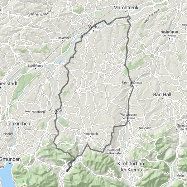 Mapa miniatúra "Road trasa od Mühldorfu" cyklistická inšpirácia v Oberösterreich, Austria. Vygenerované cyklistickým plánovačom trás Tarmacs.app